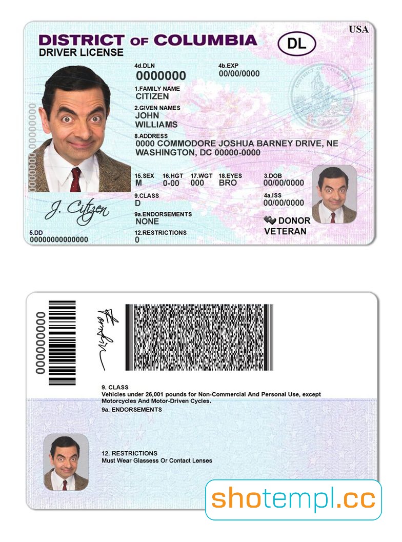 District of Columbia Driver License PSD Template